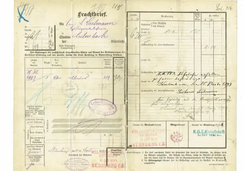 Frachtbrief 1893 Nürnberg KLAVIER Hofmusikalienhandlung Hugo Zerfuss #95