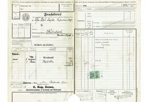 Frachtbrief 1910 Kirchenöl Weihrauch Presskohlen SCHWÜRBITZ KULMBACH Amon #60