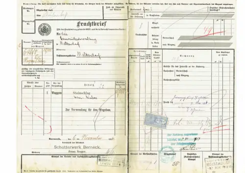 Frachtbrief 1913 Schotterwerk Berneck STEINSCHLAG nach Melkendorf #104
