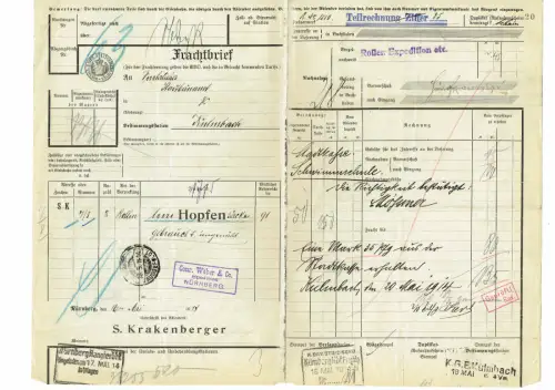 Frachtbrief 1914 LEERE HOPFENSÄCKE Nürnberg Krakenberger #90