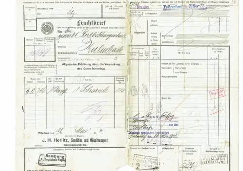 Frachtbrief 1914 MÜNCHEN Herlitz Spedition Möbeltransport KULMBACH #32