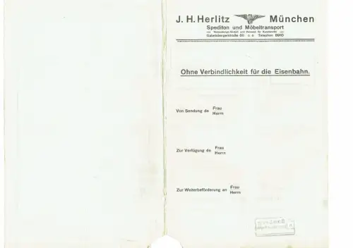Frachtbrief 1914 MÜNCHEN Herlitz Spedition Möbeltransport KULMBACH #32