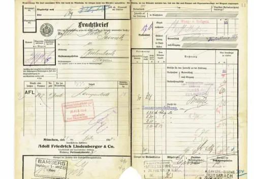 Frachtbrief 1915 MÜNCHEN Lindenberger Lampenteile KULMBACH #34