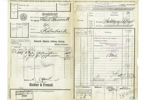 Frachtbrief 1915 NÜRNBERG Eisenröhren + gr. Eisenwaren nach KULMBACH #125