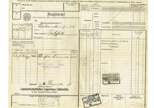Frachtbrief 1916 LICHTENFELS PRETZFELD Düngemittel mit Stempelmarke#67