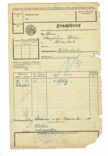 Frachtbrief 1921 CREUßEN KULMBACH kgl. bay. Staats-Eisenbahn 1PFLUG #13