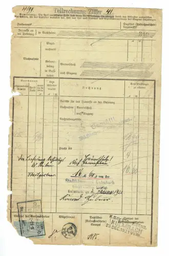 Frachtbrief 1921 CREUßEN KULMBACH kgl. bay. Staats-Eisenbahn 1PFLUG #13