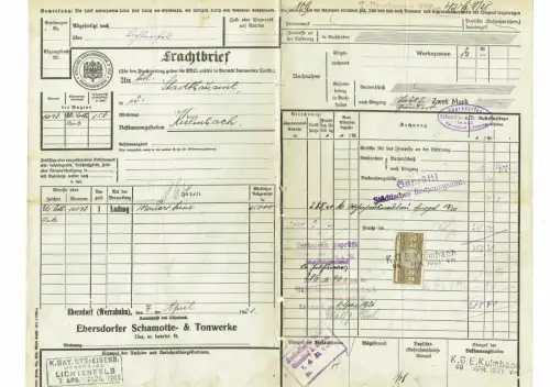 Frachtbrief 1921 Ebersdorf WERRABAHN EISENBAHNDIREKTION CÖLN Mauersteine #71Nr.1