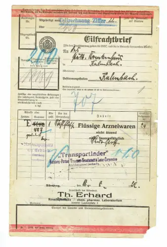 Frachtbrief 1922 Nürnberg-Fürther Transportgesellschaft FLÜSSIGE ARZNEIWAREN#89
