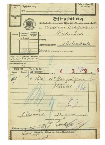 Frachtbrief 1922 SCHWABACH städt. Wohlfahrtsamt 100 Paar GETRAGENE SCHUHE #81