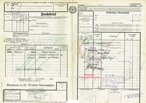 Frachtbrief 1931 RUPPINER EISENBAHN Neuruppin Minimax Apparate FEUERLÖSCHER?#114