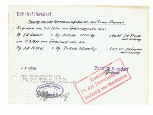 Frachtbrief 1954 Ersatz nach BRANDVERLUST Firma Gebrüder Limmer HARSDORF#51