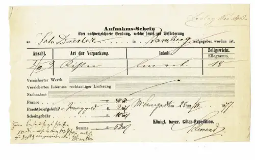 Frachtbrief Aufnahmeschein Beleg kgl. bayer. Güterexpedition 1877 BAMBERG #4