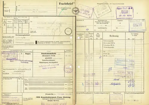 Frachtbrief DDR 1955 VEB BRAUNKOHLENWERK BRIESKE-OST GUTENFÜRST HARSDORF #121