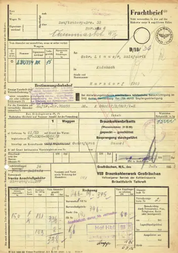 Frachtbrief DDR 1955 VEB BRAUNKOHLENWERK GROßRÄßCHEN HARSDORF #118