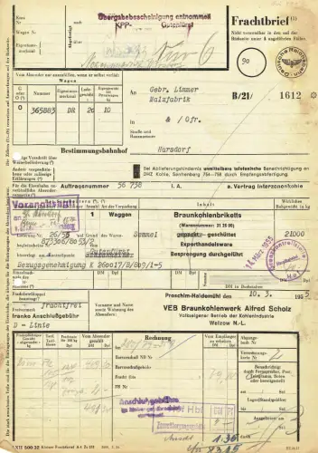 Frachtbrief DDR 1955 VEB BRAUNKOHLENWERK PROSCHIM-HAIDEMÜHL HARSDORF #119