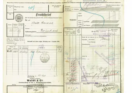 Frachtbrief Kgl. Eisenbahn Dir. Erfurt 1915 1. Weltkrieg nach Kulmbach #1