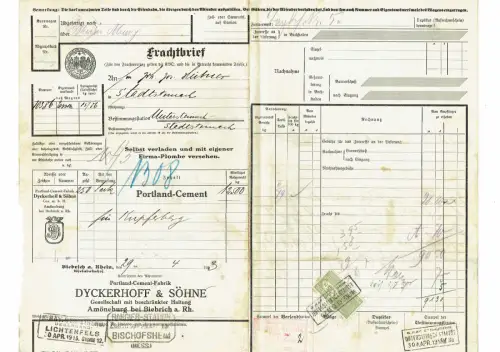 Frachtbrief kgl. preuß.-großhess. Eisenbahn BIEBRICH RHEIN DYCKERHOFF CEMENT#64