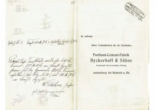 Frachtbrief kgl. preuß.-großhess. Eisenbahn BIEBRICH RHEIN DYCKERHOFF CEMENT#64