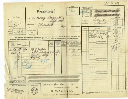 Frachtbrief über Bäume 1884 HIMMELKRON TREBGAST VILSHOFEN #21