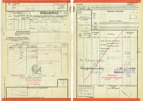 geteilter Eilfrachtbrief 1931lebende Forstpflanzen Georg GÖCKING / SCHÖNWALD #83
