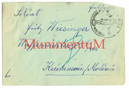 Feldpost Kuvert1945 Waffenmeisterei KRUMAU a.d. Moldau SUEDETENLAND Wiesinger F3