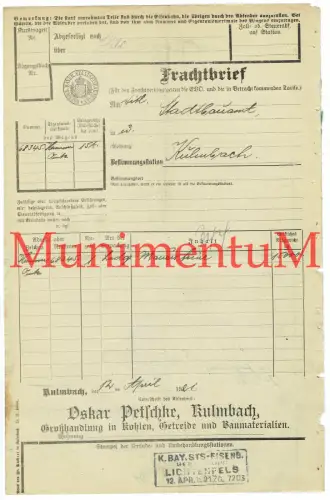 Frachtbrief bay. Staatseisenbahn Petschke Frachtstempel Lichtenfels Kulmbach#127