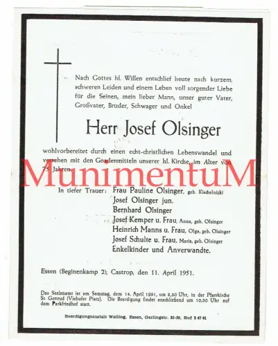 Traueranzeige Sterbezettel Olsinger Günzerodt Essen-West F73