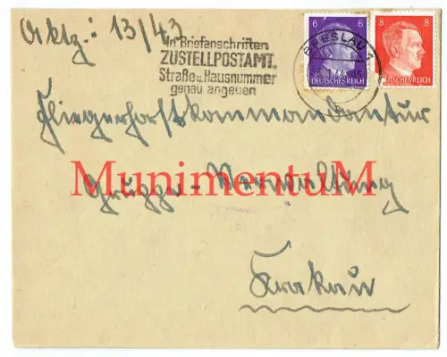 Kuvert Fliegerhorst-Kommandantur KRAKAU BRESLAU Pantoffelfabrikant Biedler F29