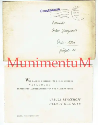 Verlobungsanzeige Danksagung Essen Renckhoff Olsinger 1950 Drucksacke Brief