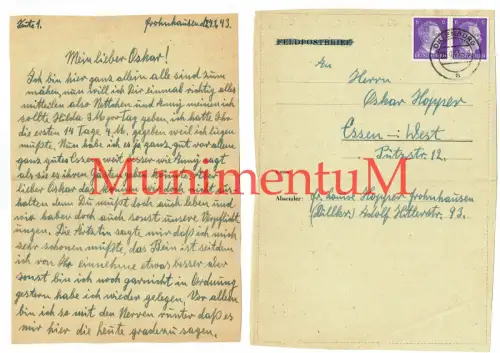 Brief 1943 Dillenburg Frohnhausen Essen-West tägl. Not Ernährung Nerven F76