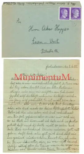 Brief Juni 1943 Stadt Essen Bombenkrieg Frohnhausen Tiefflieger Höllenfahrt F84