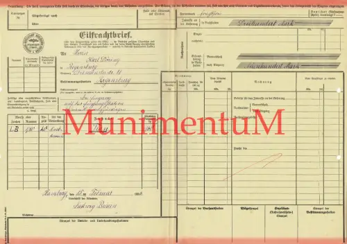 EILFrachtbrief Eisenhbahn-Gesellschaft MÜHLHAUSEN-EBELEBEN  1926 Regensburg R340
