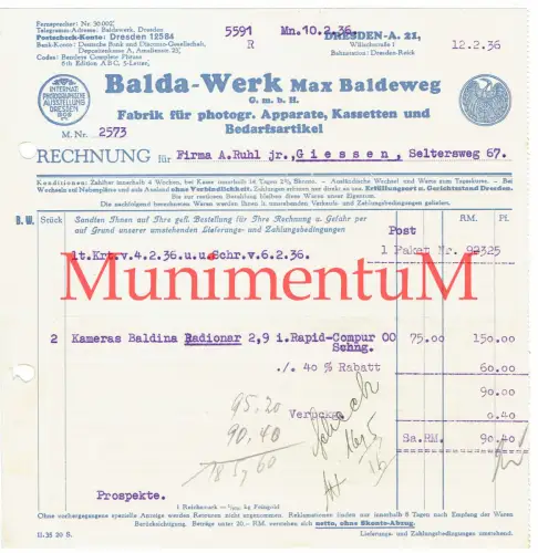 Balda-Werk DRESDEN Fabrik Photo-Apparate, Baldeweg Baldino Radionar 1936 F196