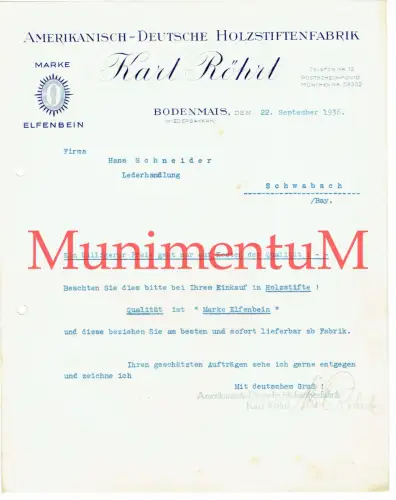 Amerikanisch-Deutsche Holzstiftenfabrik Karl Röhrl Bodenmais Holzstifte 1936 #33