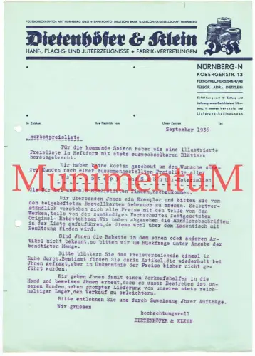 Dietenhöfer & Klein Hanf-, Flachs- und Juteerzeugnisse NÜRNBERG 1936 #64
