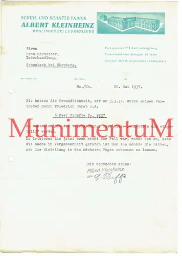Albert Kleinheinz MOGLINGEN b. Ludwigsburg Schuh- und Schäftefabrik 1937 #67