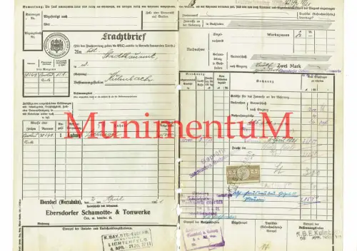 Frachtbrief 1898 Neumarkt Wirsberg Himmelkron Ladung Kohlenlösche #145