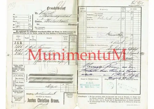 Frachtbrief 1896 Justus Christian Braun-Premier-Werke AG NÜRNBERG Laternen #148