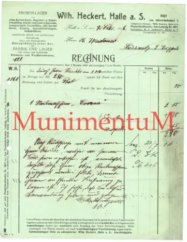 Eisengußwaren Wilh. Heckert HALLE a.d. SAALE Rechnung 1916 Reibemaschine Corona