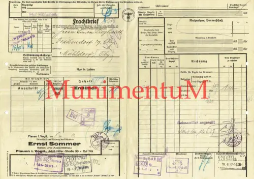 Frachtbrief PLAUEN Beton und Apparatebau E. Sommer 1937 n. FRAUENDORF Obb. R358
