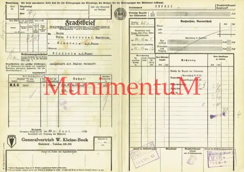 Frachtbrief BIELEFELD von D.K.W. MOTORRAD (!!) Kleine-Beek 1936 WINDHEIM R357