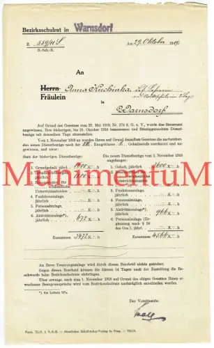 Bezirksschulrat WARNSDORF SUDETENLAND Dienstbezüge 1919 Lehrerin an Volksschule