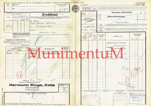 Frachtbrief Lederfabrik Kluge CELLE VORWOHLER-EMMERTHALER Eisenbahn 1938 R106