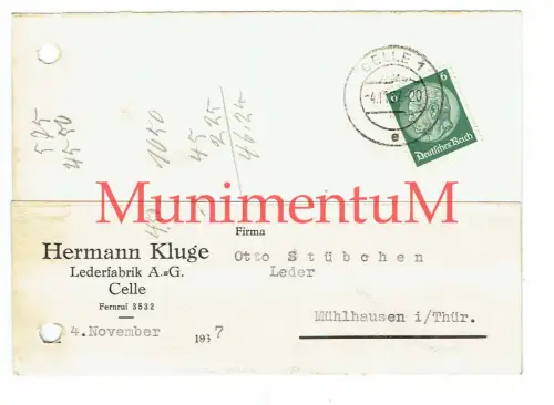 Postkarte Beleg Lederfabrik Hermann Kluge CELLE nach Mühlhausen 1937 R109