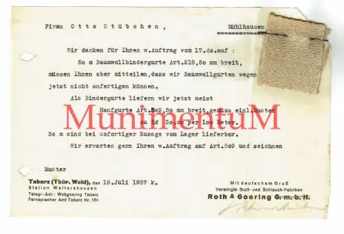 Brief aus Gurt- und Schlauchfabrik ROTH & GOERING TABARZ mit Muster 1937 R124