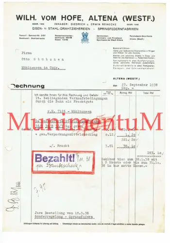 Eisen- Stahl-Drahtziehereien VOM HOFE ALTENA Rechnung REINECKE 1938 R125