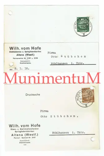 2 Postkarten Belege VOM HOFE ALTENA nach MÜHLHAUSEN 1938 R130