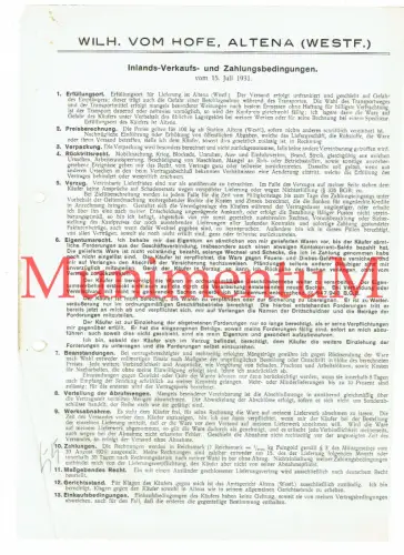 Zahlungsbedingungen AGB VOM HOFE ALTENA Westfalen 1931 R138