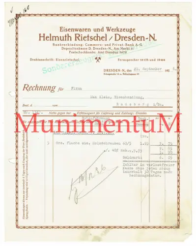 Helmuth Rietschel DRESDEN Königstraße - Eisenwaren und Werkzeuge Rechnung 1926